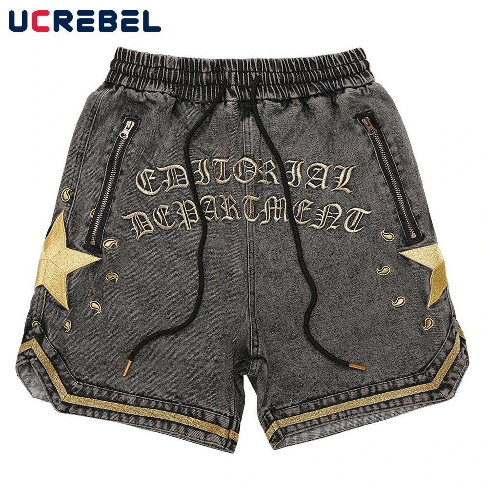 

Five-pointed Star Embroidery Short Jeans Mens Summer Streetwear Denim Shorts Drawstring Elastic Waist Knee-length Shorts Men
