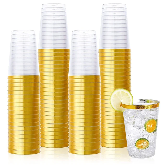 Chateau Fine Tableware 100 Gold Plastic Cups 16 Oz Gold Glitter Plastic Cups  Tumblers Gold Rimmed Cups Fancy Disposable Wedding Cups Elegant Party Cup