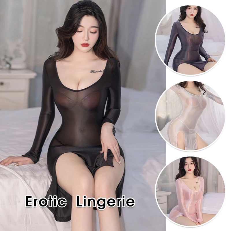 

Sexy Women Oil Shiny Nightdress Backless See Through Dress Ultra-Thin Sheer Strech Lingerie Low Cut Party Clubwear Erotic Wear