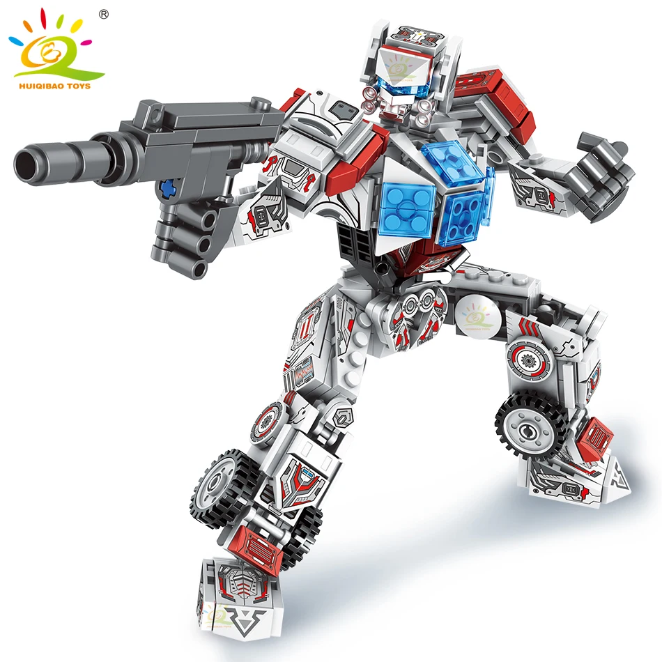 HUIQIBAO 390PCS 2in1 Army Warrior Weapon Mecha Robot Man Building Blocks Military Car Soldier Figure Bricks Set Children Toys