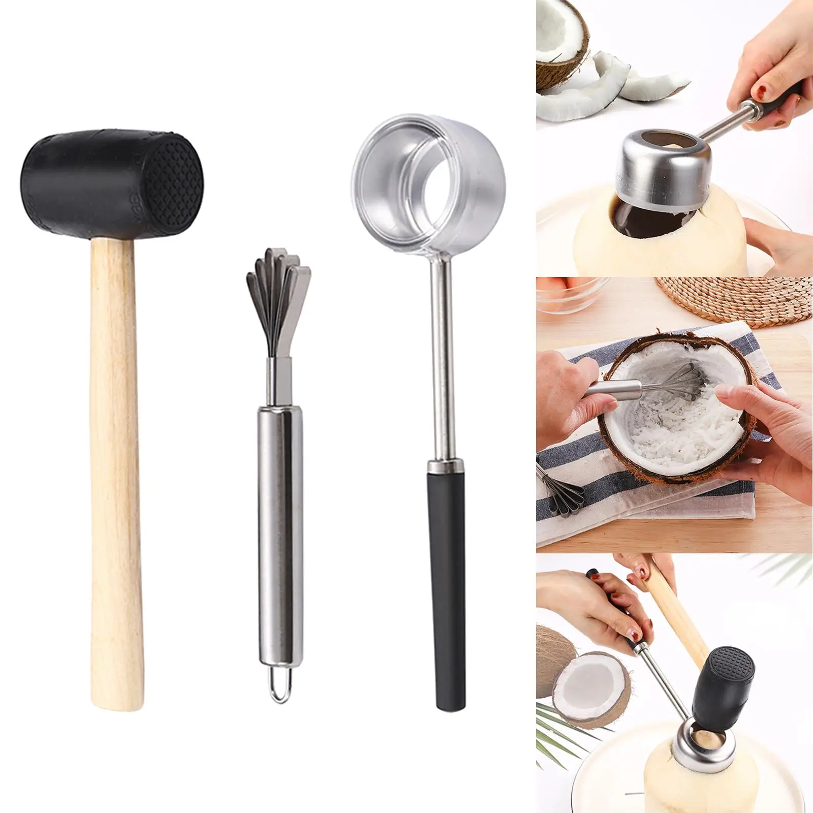 

3 шт., деревянный перфоратор для кокосового мяса, нержавеющая сталь