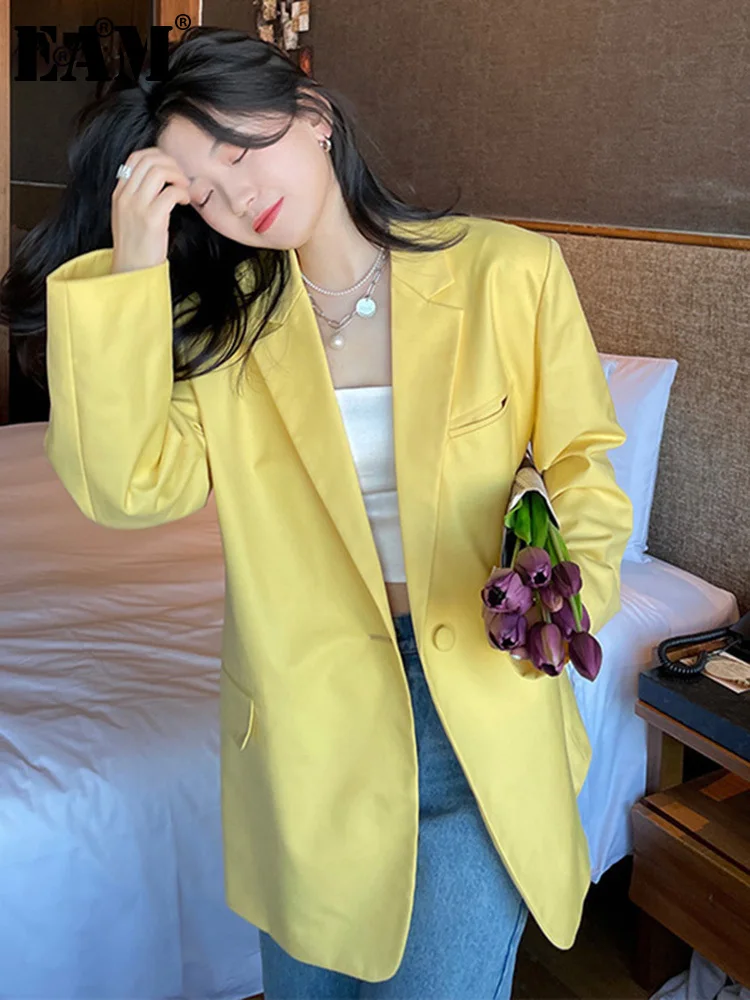 

[EAM] Women Yellow Brief Big Size Casual Blazer New Lapel Long Sleeve Loose Fit Jacket Fashion Tide Spring Autumn 2022 1DE0153