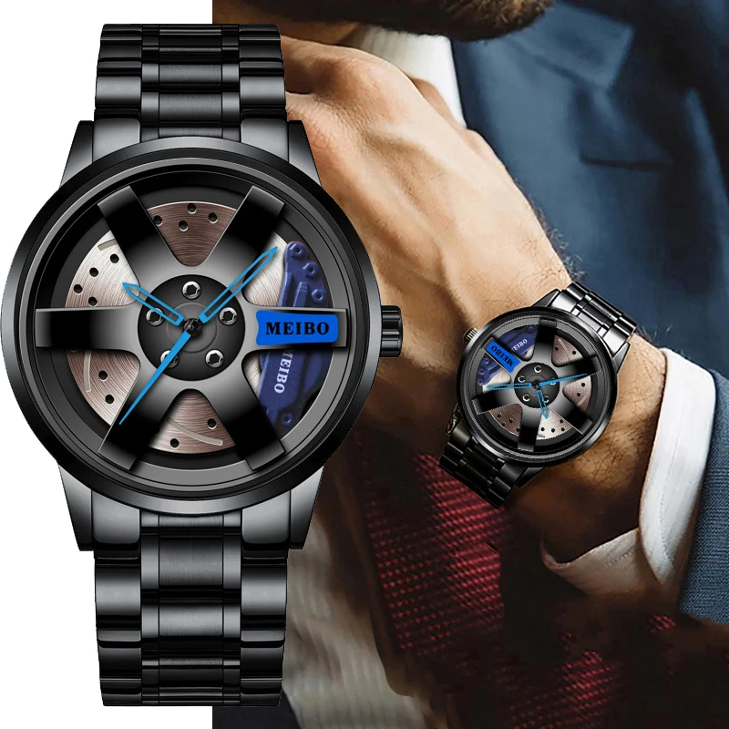 

2023 Hot Selling Creative Vacuum Electroplated Wheel Dial Men's Quartz Steel Band Watch for Car Lovers and Men's Holiday Gifts