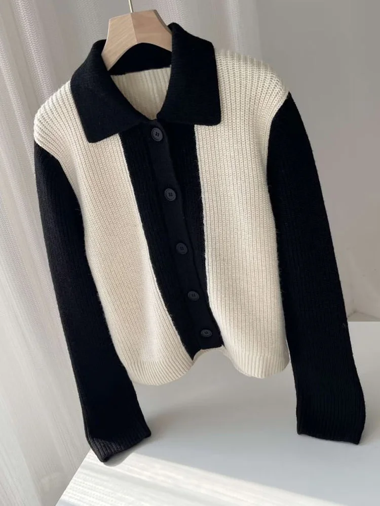 

2022 Autumn Women Knitting Sweaters Coats Casual Patchwork Turn-down Collar Female Elegant Street Cardigan Sweater Clothing