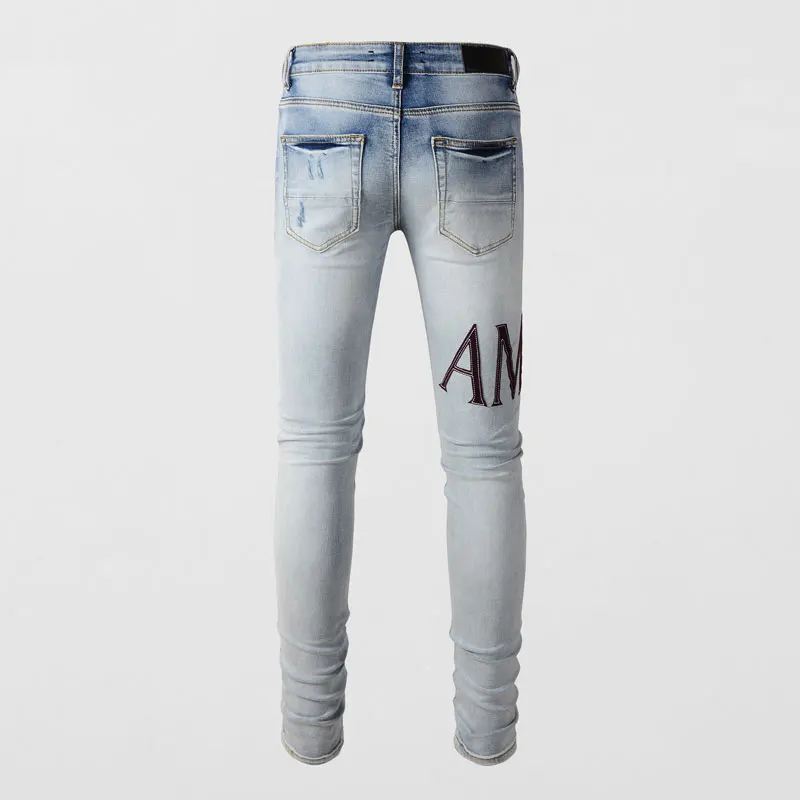 Street Fashion Men Jeans Retro Light Blue Elastic Stretch Skinny Ripped Jeans Men Brand Patches Designer Hip Hop Pants Hombre