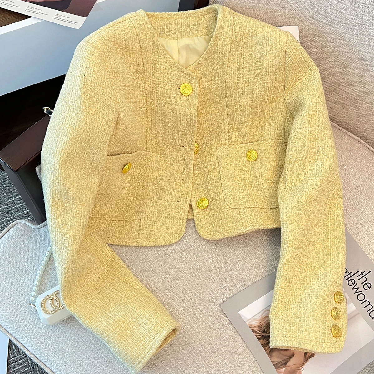 Spring Coat Tweed Small Fragrant Female Korean Yellow Loose O Neck Casual Women's Jacket Short Coats Crop Top Cardigan Fashion