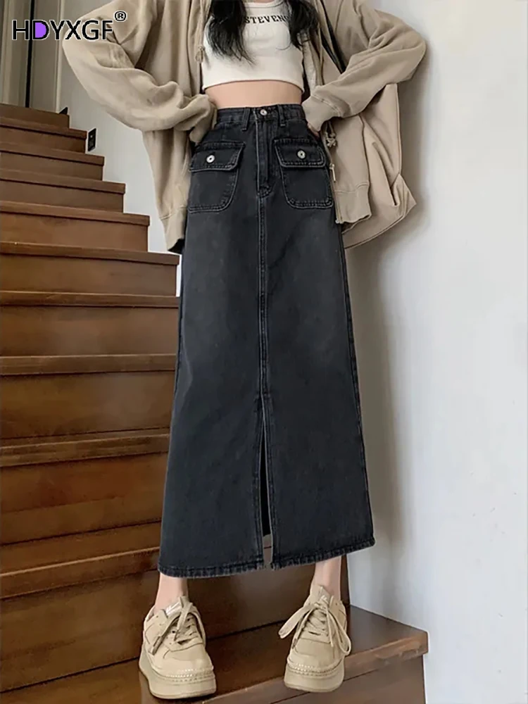 

Винтажная черная джинсовая юбка с высокой талией, Женская шикарная дизайнерская юбка с разрезом спереди, Женская Студенческая уличная одежда до середины икры, женская одежда