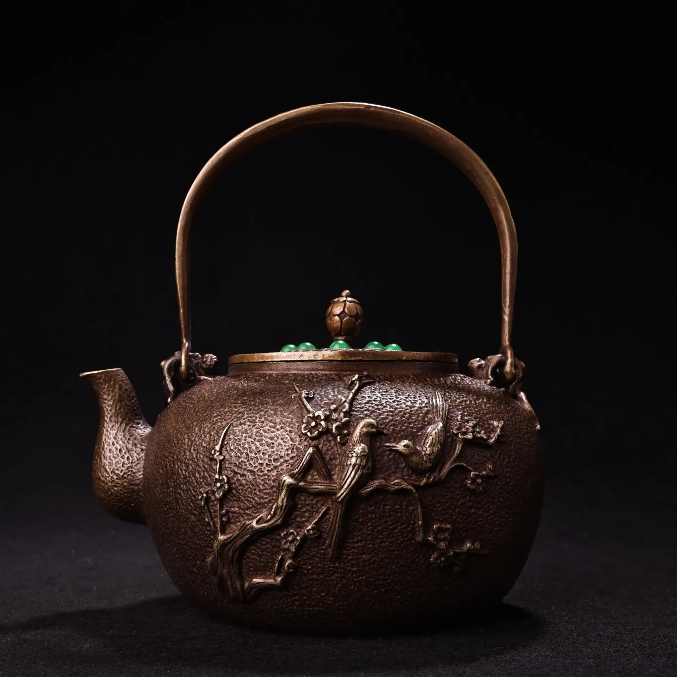 

8" Tibetan Temple Collection Old Bronze Patina relief magpie plum Bossom Lifting beam pot kettle teapot Gather fortune ornament