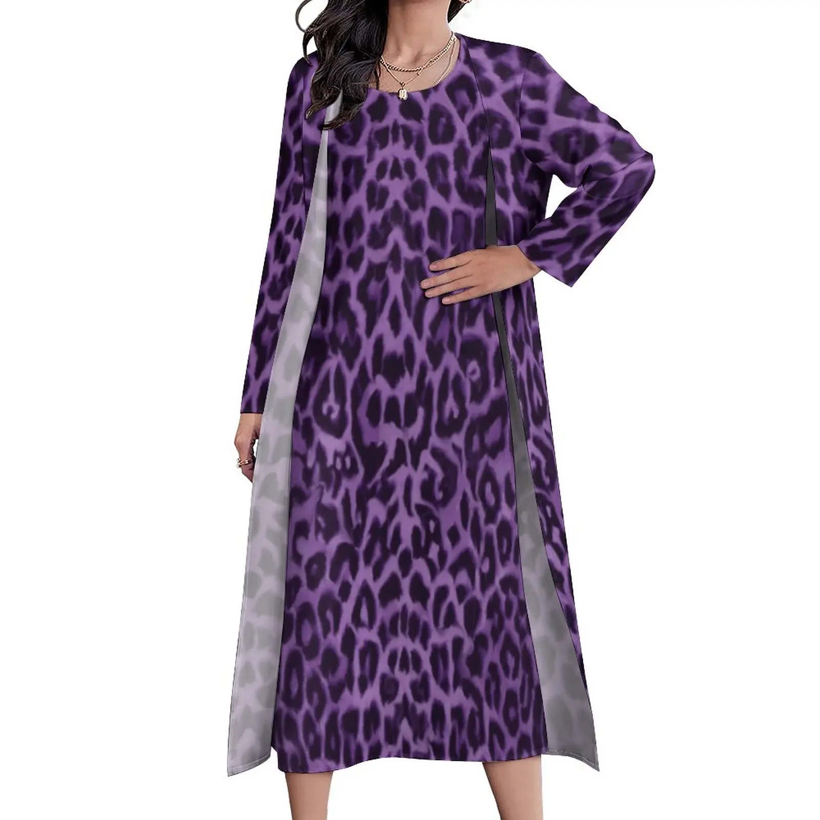 

Purple Leopard Dress Animal Print Elegant Maxi Dress Streetwear Boho Beach Long Dresses Autumn Two Piece Vestidos Big Size 5XL
