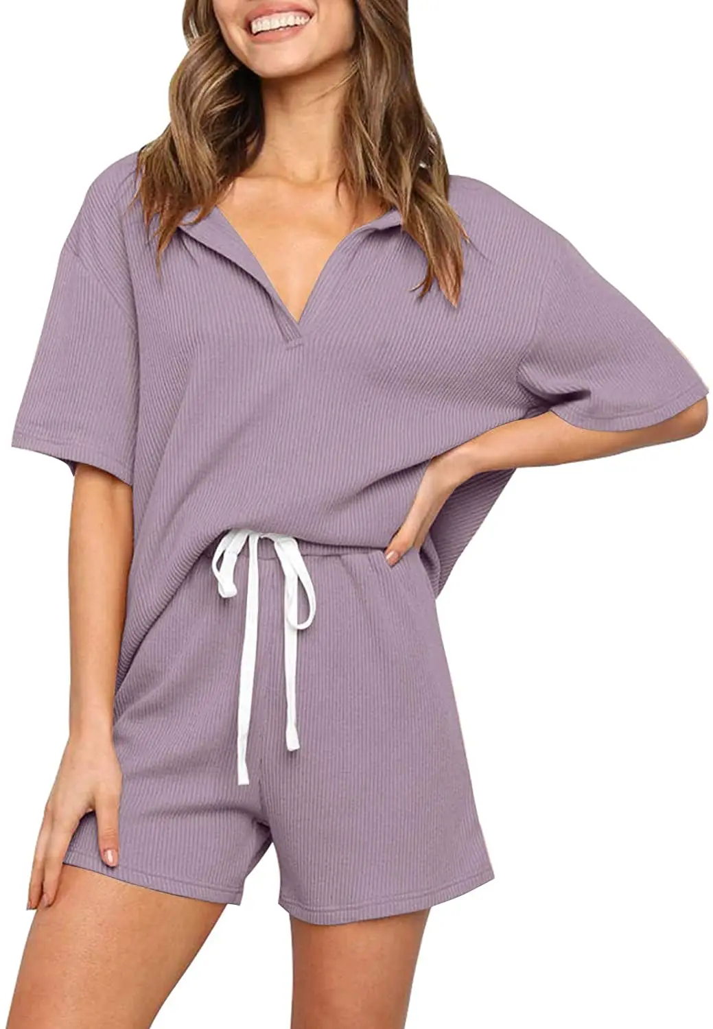 Women's Ribbed Knit Pajama Sets Short Sleeve Top and Shorts Two Piece Sleepwear Sweatsuit Outfits with Pockets