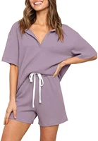 womens ribbed knit pajama sets short sleeve top and shorts two piece sleepwear sweatsuit outfits with pockets