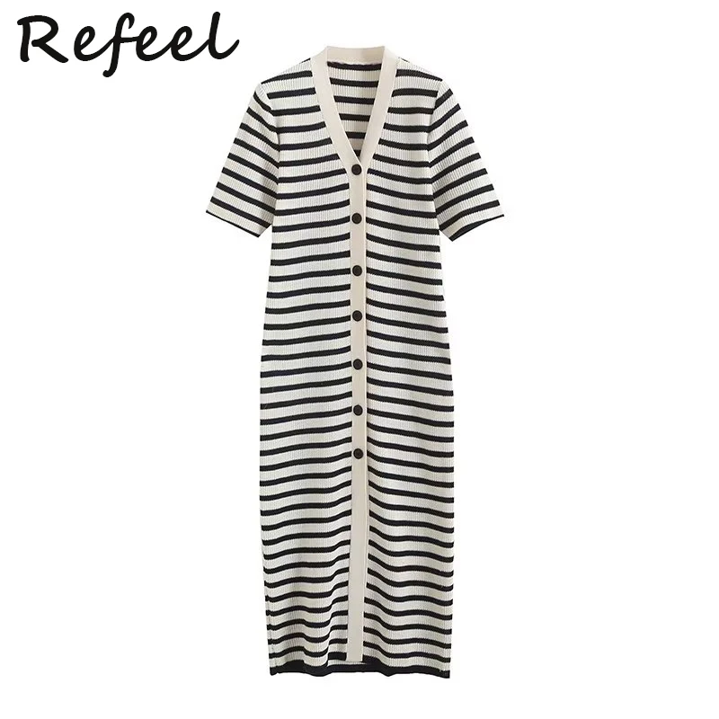 

Refeel Simple Knitted Midi Dress Women Clothing Short Sleeves Buttons High Quality Striped V Neck Elegant Split Dresses