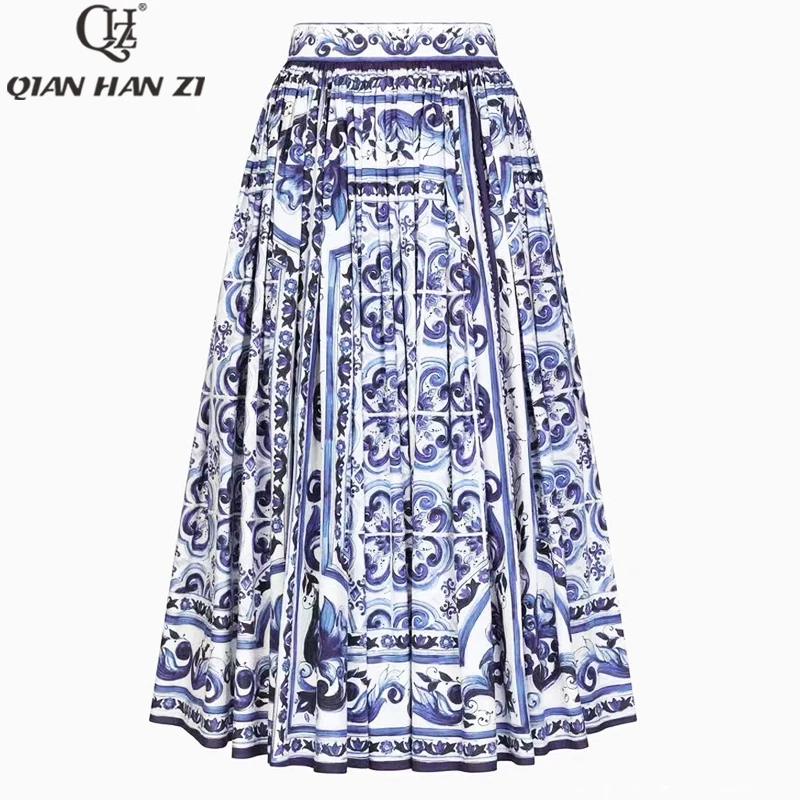 

Qian Han Zi designer fashion runway long skirt vintage Blue and White Porcelain Print holiday maxi skirt cotton for women summer