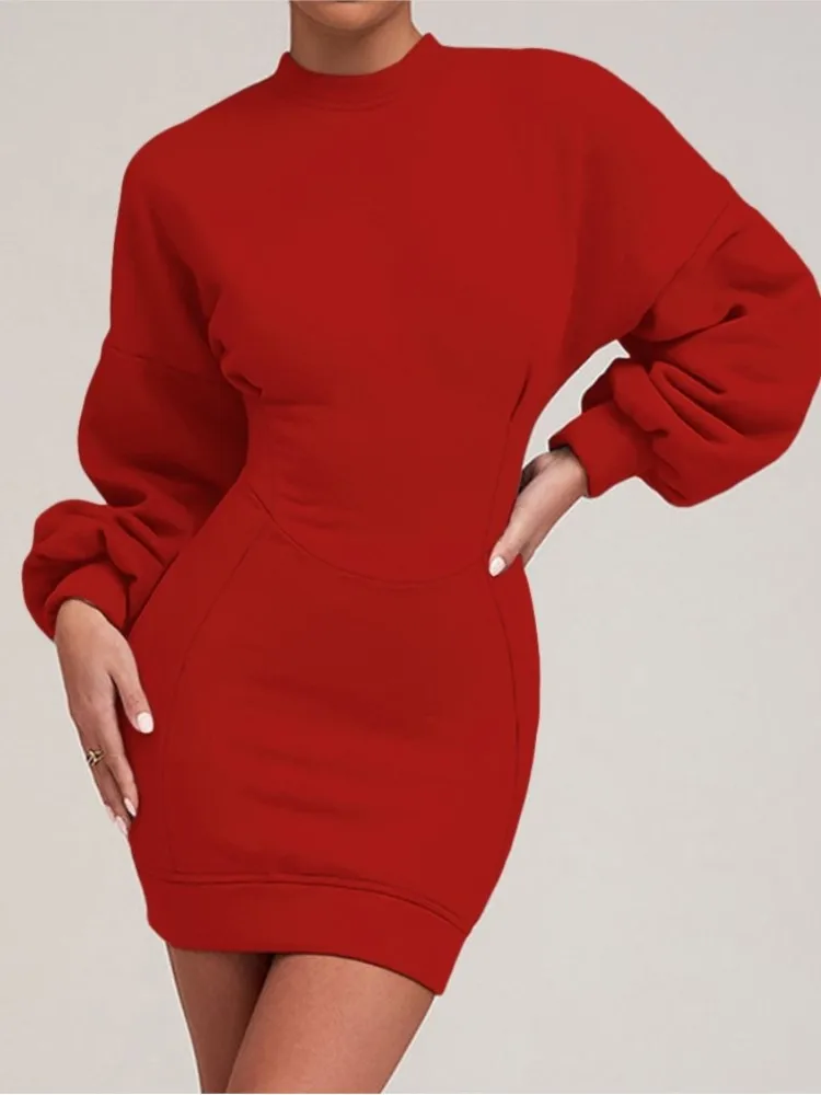 Женское облегающее платье-свитшот с рукавами-фонариками и круглым вырезом