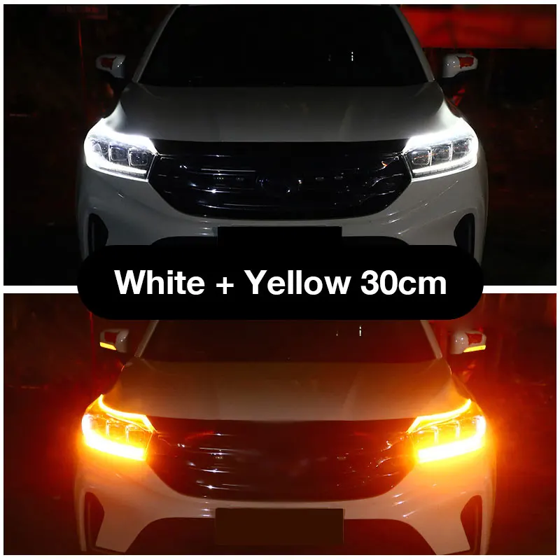 

1pair 12v Led DRL Daytime Running Light Flexible Waterproof Strip Auto Headlights White Turn Signal Yellow Brake Flow Lights