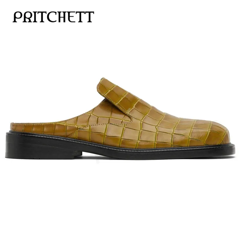 

Fashion Check Men's Half Slippers Round Toe Square Root Thick Sole Baotou Casual Leather Shoes Comfortable Men's Shoes