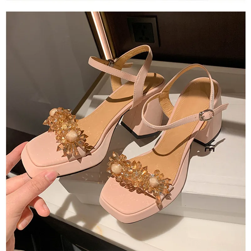 

Rhinestone Flower Woman Sandals Solid Platform Zapatos De Mujer Square Head Shoes Women Buckle Strap Sandals Fashion Lady Shoes