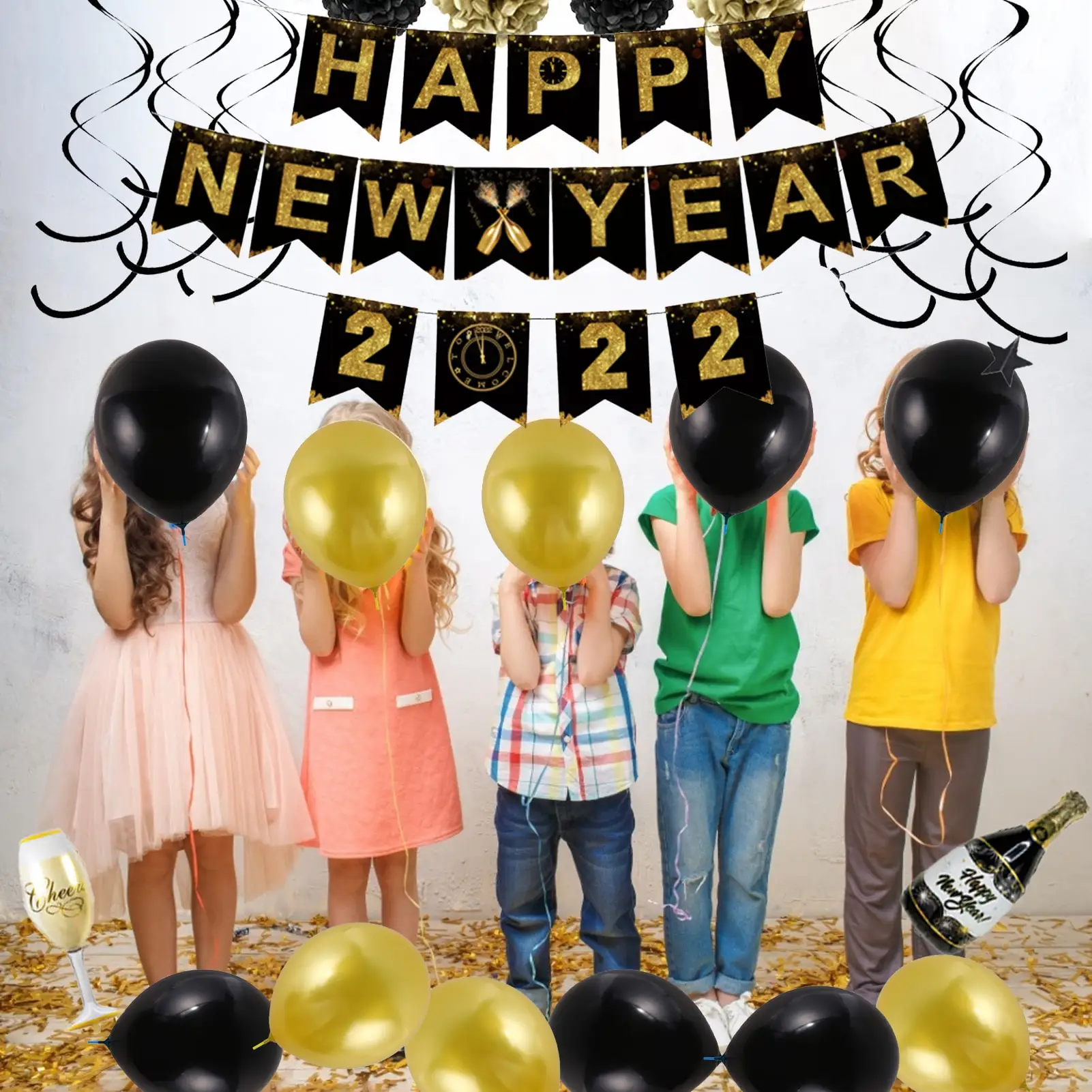 

2022 Happy New Year Balloon Set Black And Gold Balloons Swirls Banners Confetti New Year Eve Party Decor And Photo Props