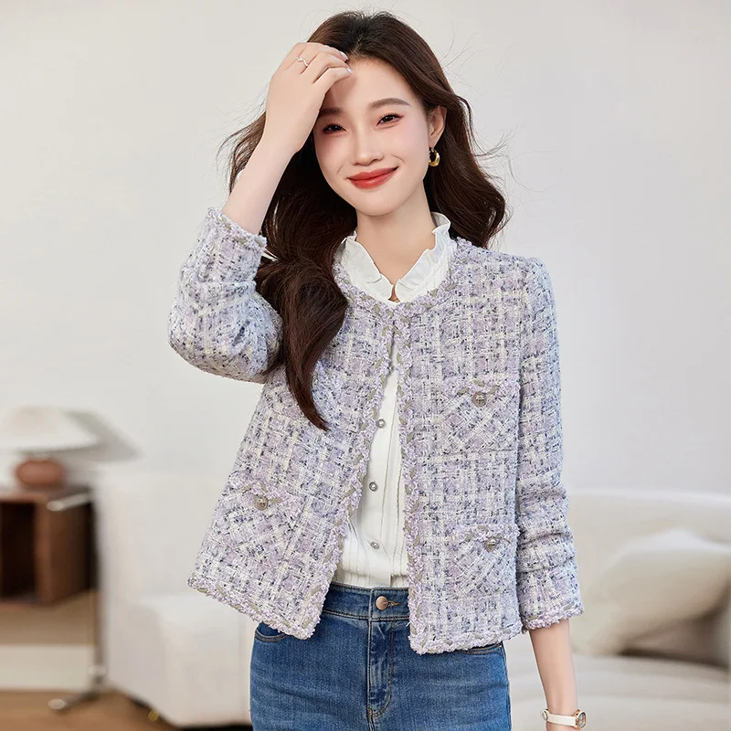 Фиолетовая женская короткая куртка из грубого твида с круглым вырезом новинка 2024