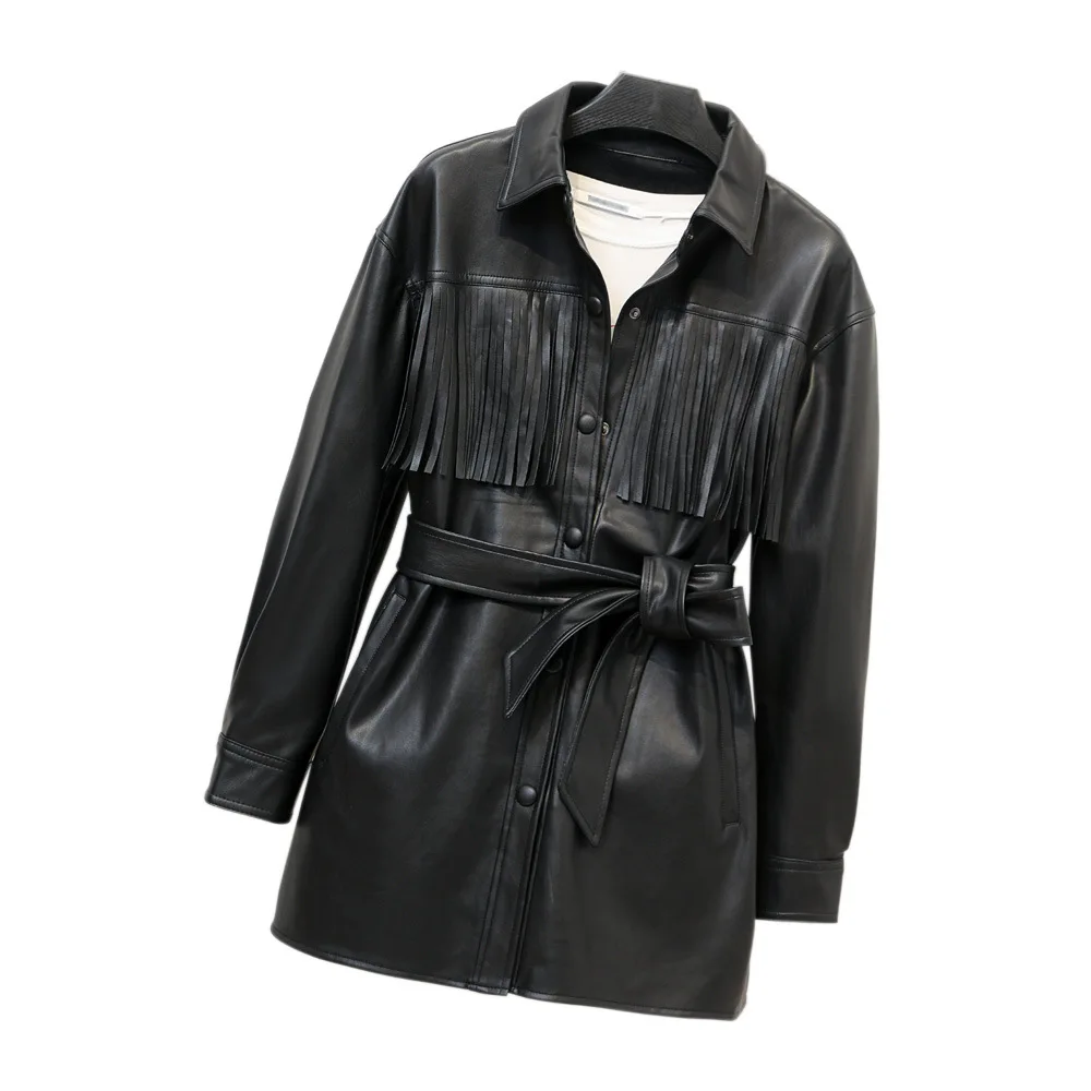 Loose women's leather mid-length belt single breasted leather jacket tassel lapel motorcycle coat