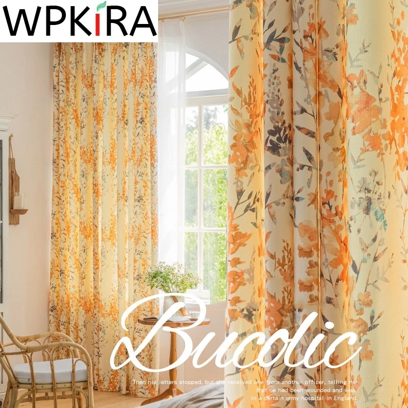 

American Rustic Warm Orange Blackout Curtain For Living room Balcony Garden Terrace Chic Printed Cotton Linen Window Drapes