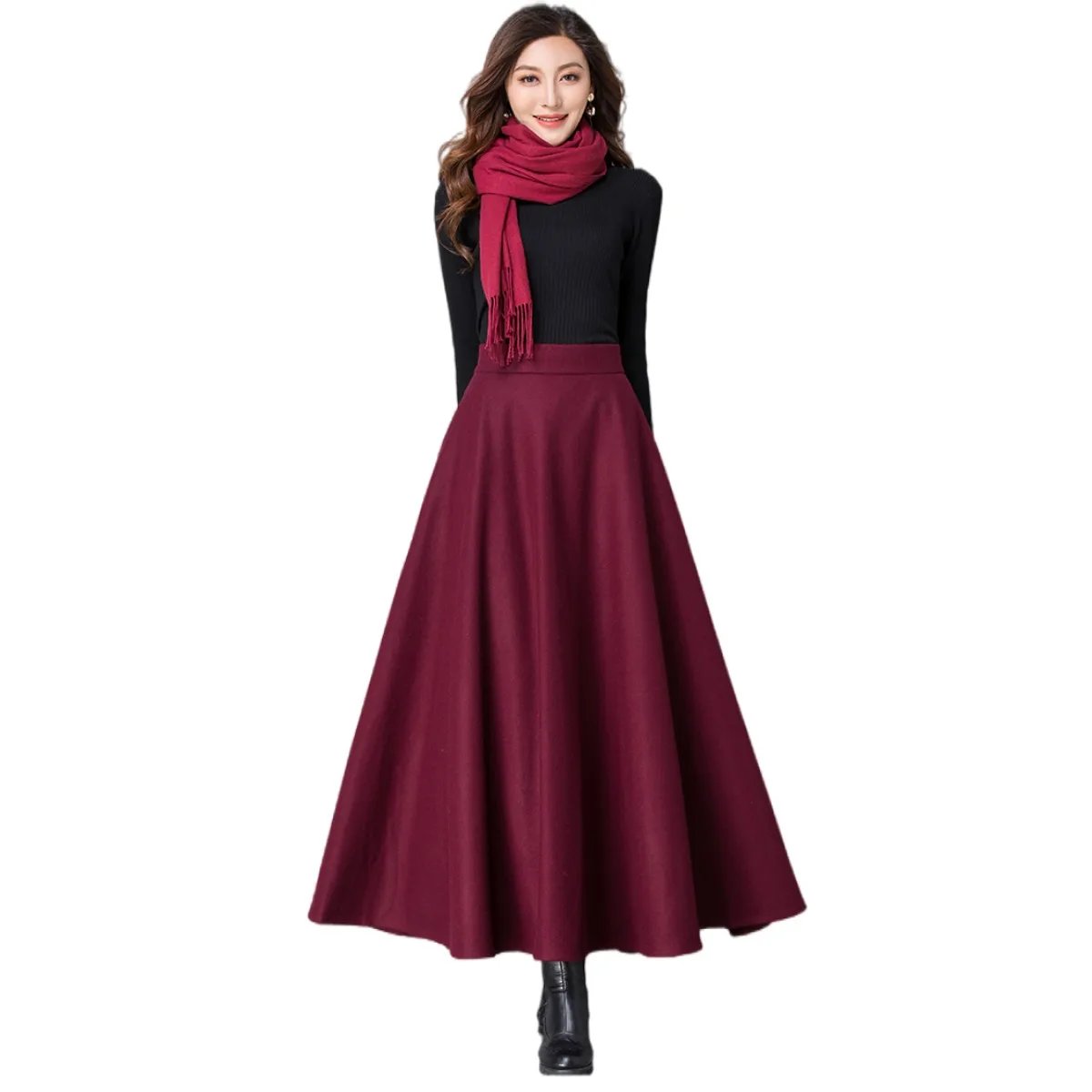 

Женская Длинная шерстяная юбка, винно-красная юбка макси с высокой талией и карманами, большие размеры XL 3XL
