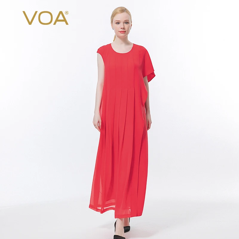 

VOA Silk Dream Red Round Neck Short Sleeve Women Party Dresses AE927 Fold Double-layer Bump Splicing Big Swing Summer Prom Dress