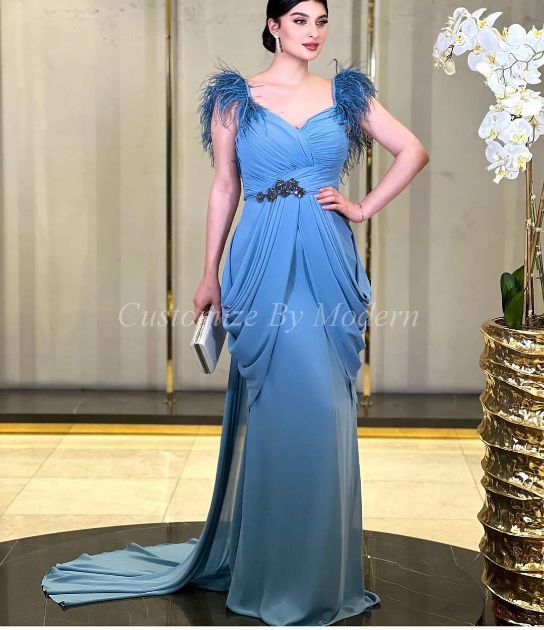 

Light Sky Blue Chiffon Prom Dresses Mermaid V Neck Pleated Feathers Floor Length Saudi Arabia Women Evening Party Dress