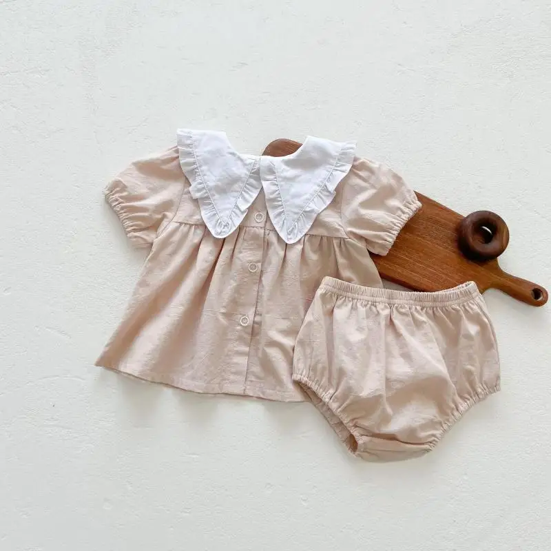 

Newborn Baby Girl Summer Outfit Toddler Girl Single-breasted Large Lapels Tops+solid Shorts 2pcs Sets Infant Kids Clothes Suit