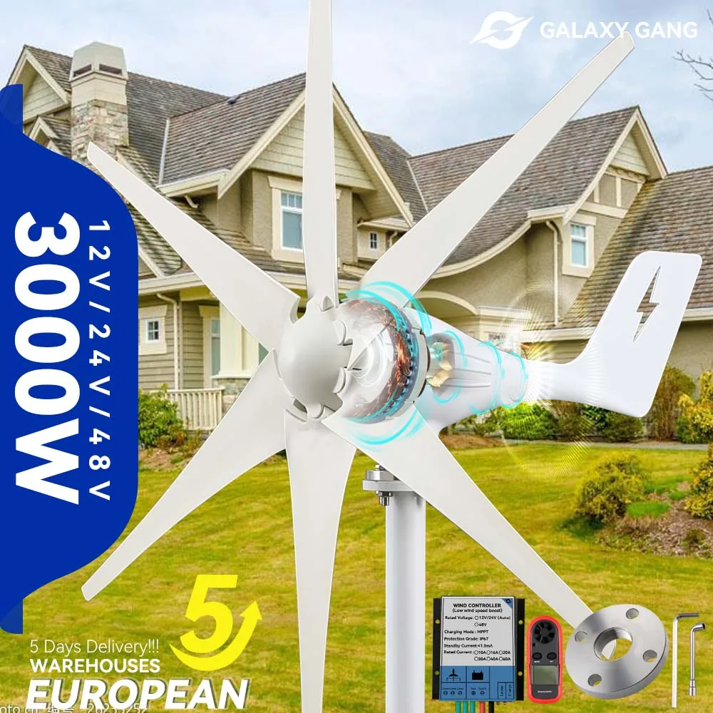 

Galaxy Gang 6 Blades Windmills Wind Turbine Generator Free Energy China Factory 3000W 12V 24V 48V With Mppt Charge Controller