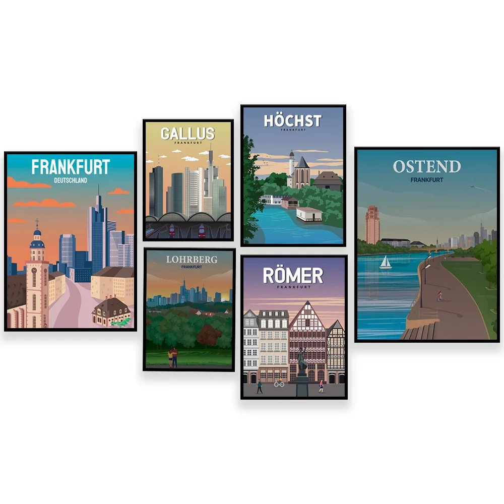 Friedberger Platz Frankfurt skyline Ostend Westhafen EZB vintage travel poster