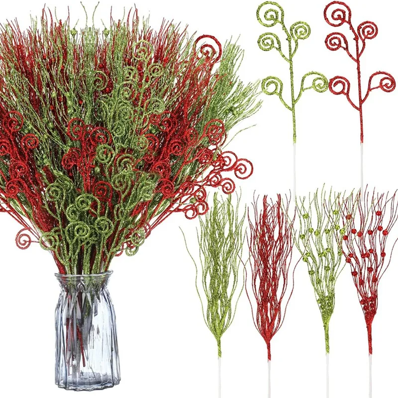 

48 Pcs Christmas 17Inch 12Inch Red Green Artificial Glitter Berry Stems Ornaments Christmas Candy Picks Decorative Durable