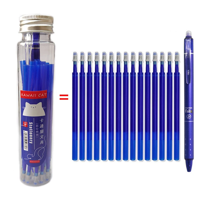 15+1pcs/barrel Push-button Erasable Gel Refills 0.5mm Black Blue Magic Erasable Pen for Office School Writing Kawaii Stationery