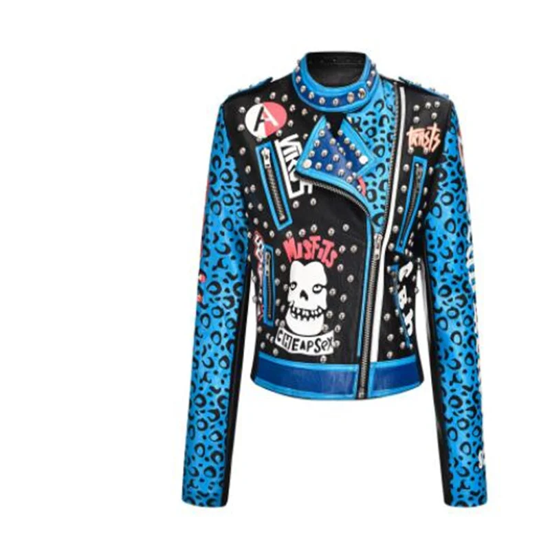 New leather jacket womens letter graffiti print rivet short street coats female personality leopard print clothes blue fashion