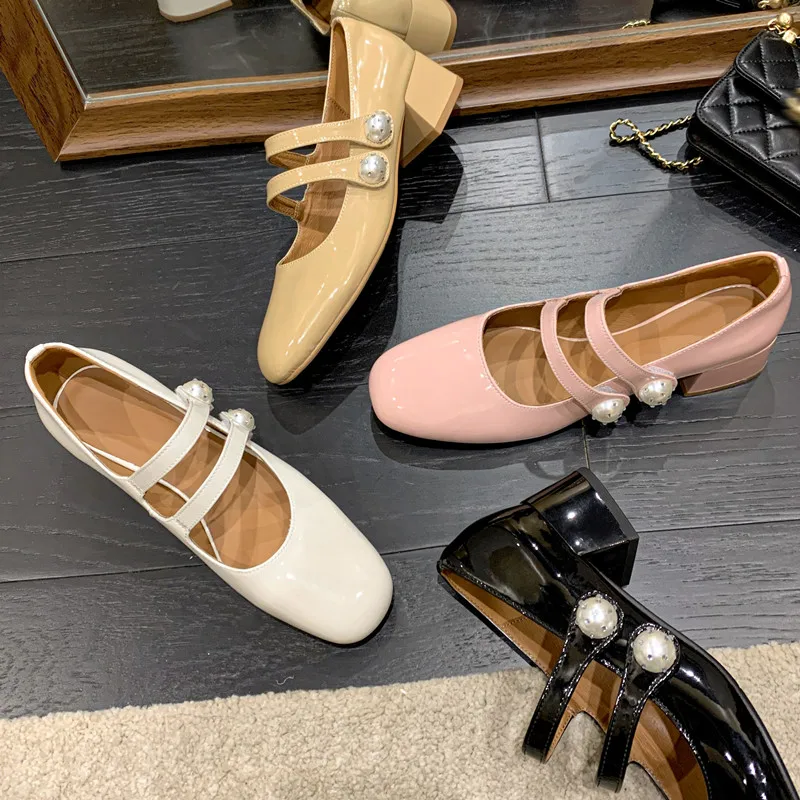 

Женские туфли-лодочки из натуральной кожи, Туфли Мэри Джейн из воловьей и овечьей кожи с жемчужными пряжками, длина 22-2023 см, весна 24,5