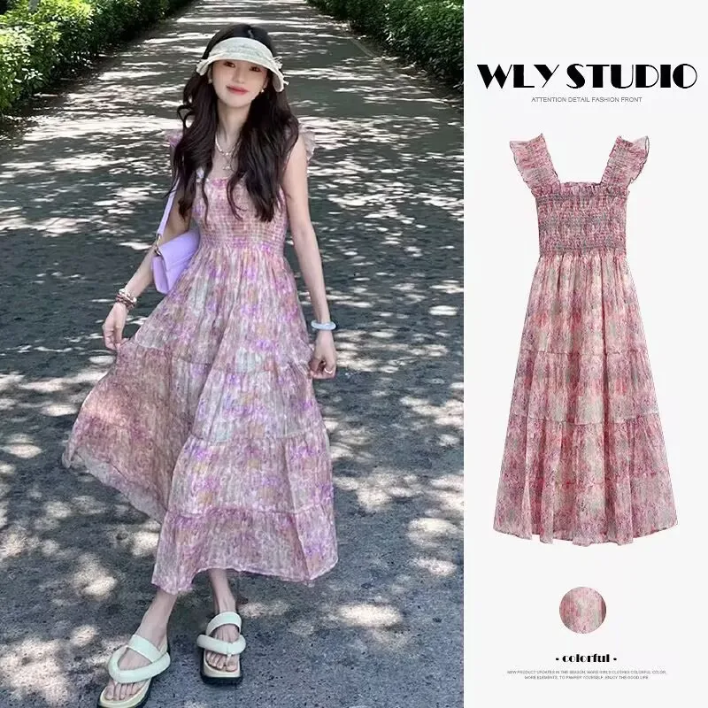 

Summer Fly-Sleeve Floral Halter Dress Female Square Collar Pull Pleat Splicing High Waist Fairy Tea Rest Skirt Sweet Pink Dress