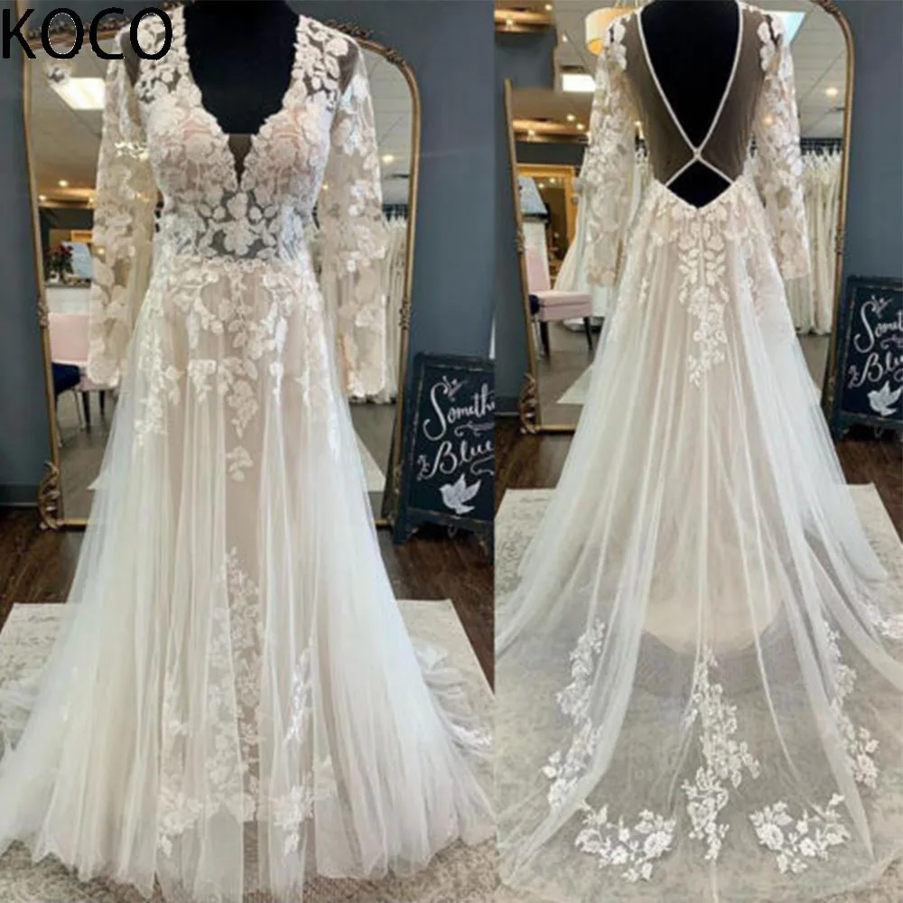 

MACDOUGAL Lace Applique Wedding Dresses Long Sleeves V Neck A-line Bridal Gown Sweep Train vestido de noiva robe de mariée