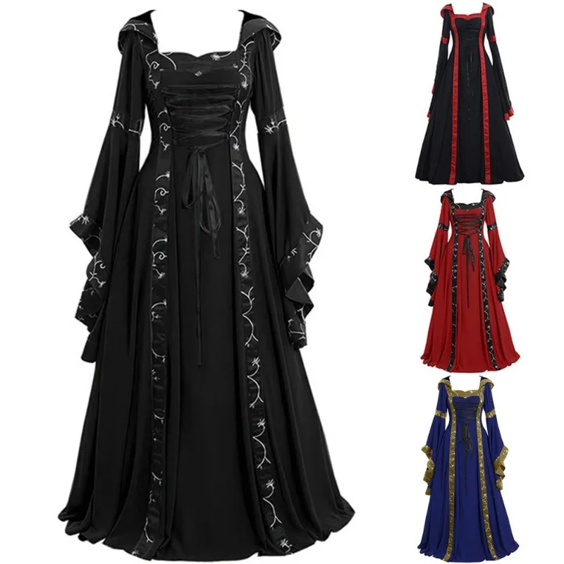 

Europe and The United States Medieval Vintage Hooded Dress Square Collar Tie with Flared Sleeves Skirt
