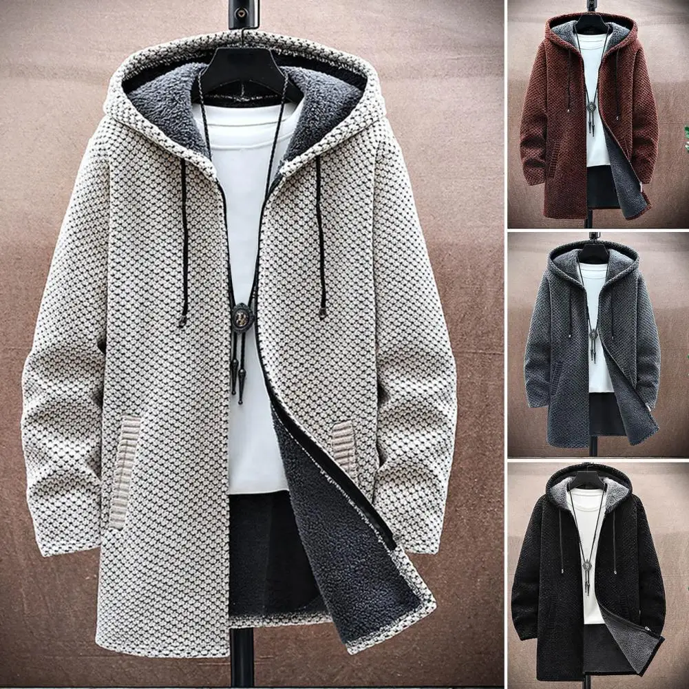 

Мужская Утепленная куртка на завязках, длинный свитер средней длины с рукавами и подкладкой, уличная одежда, Осеннее плюшевое пальто для мужчин, вязаное зимнее пальто с капюшоном