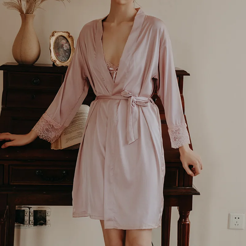 

Twinset Robe Set Female Kimono Bathrobe Gown Sexy Patchwork Lace Suspender Nightdress Summer Silk Satin Home Wear Loungewear