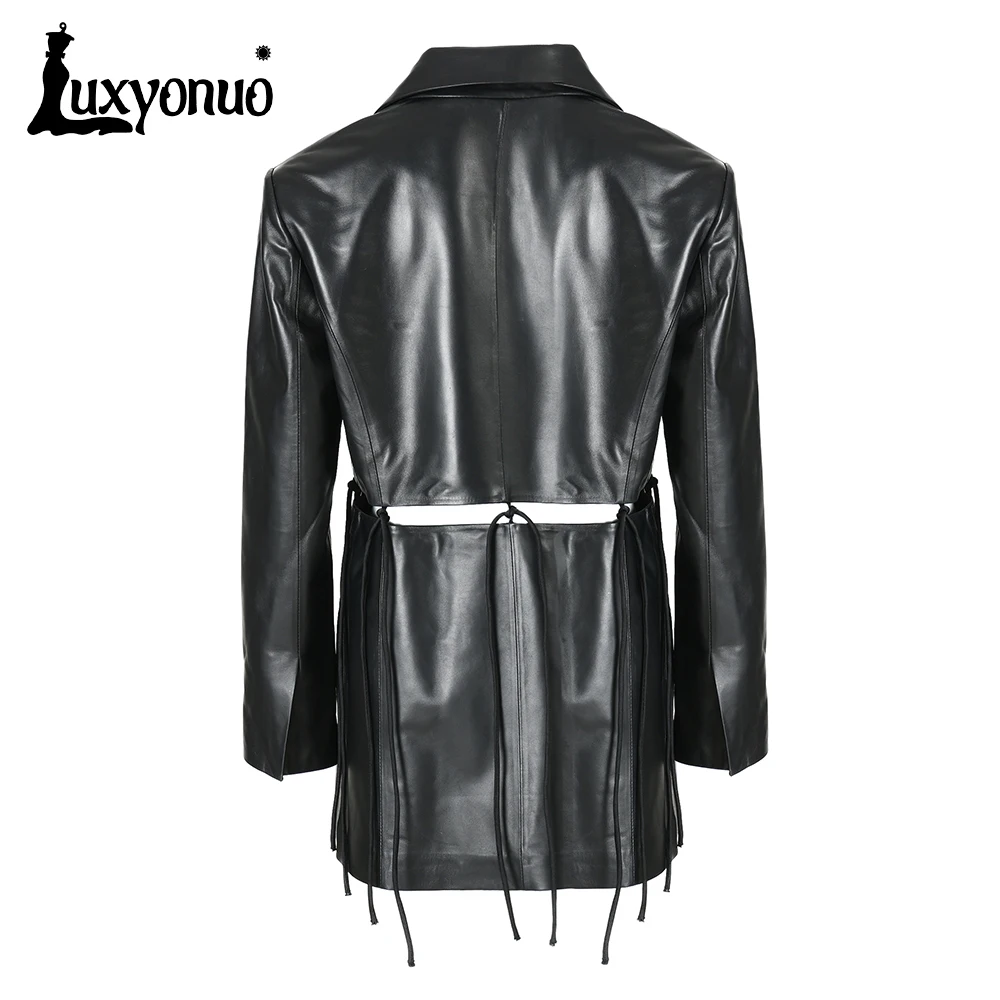 Фото Куртка Luxyonuo женская из натуральной кожи, на весну, Модное демисезонное пальто из натуральной кожи со съемным дизайном для женщин, новинка 2023 №2