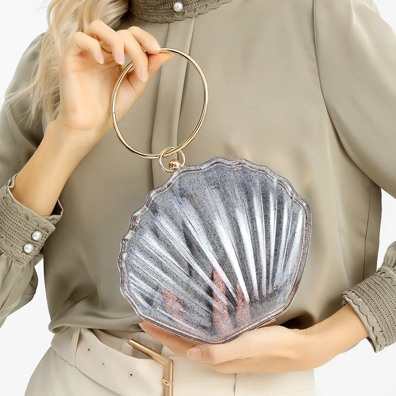 

2022 Transparent Acrylic Paillette Shell Evening Bag for Women Metal Ring Totes Wedding Party Church Women Ckuthes Shoulder Bag