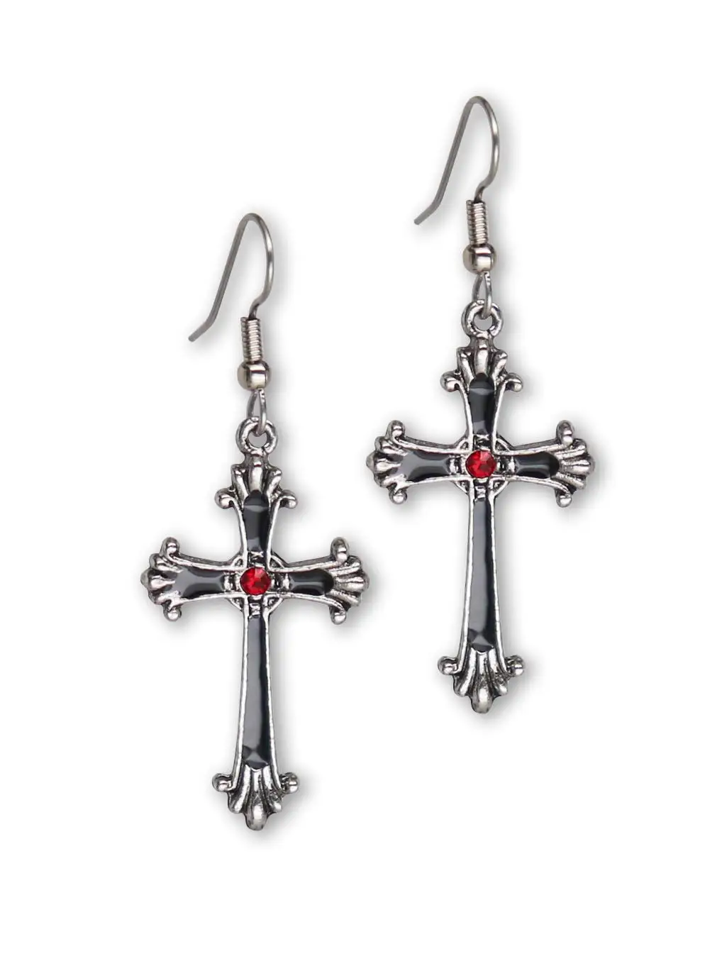 

New Gothic Victorian Cross Dangle Earrings with Red Austrian Crystals Pendent Clips Religious Jewelry Gift for Women