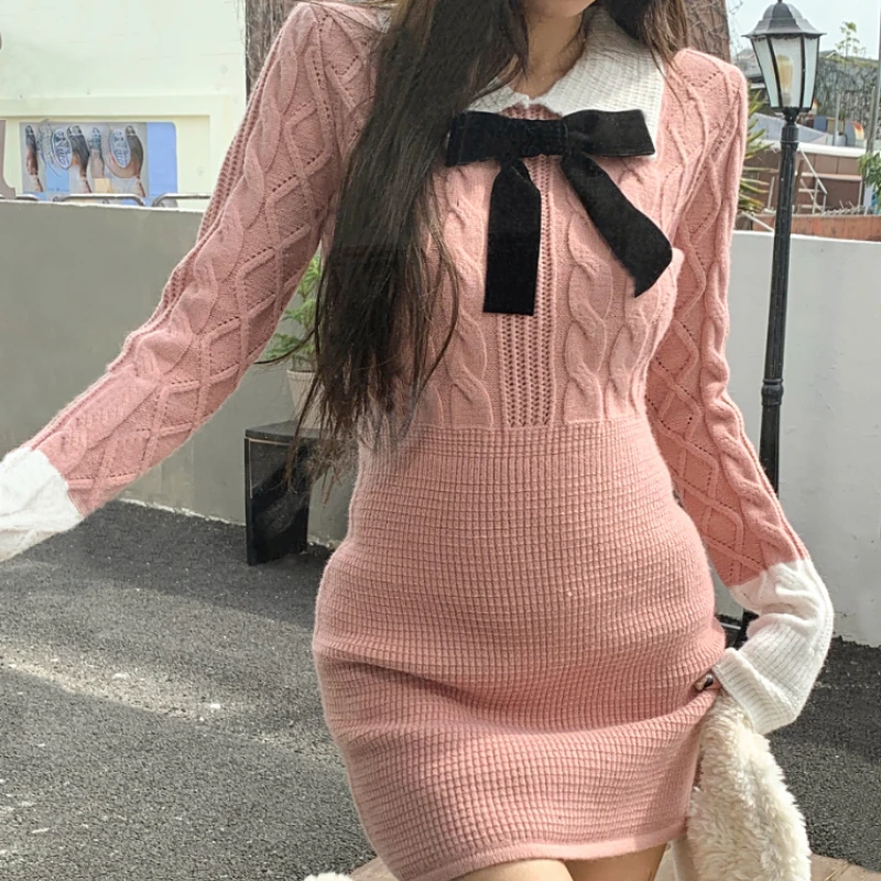 

2023 Winter Elegant Knitted Sweater Dress Women Bow Bodycon Y2k Mini Dress Female Outwear Slim One Piece Dress Korean Fashion