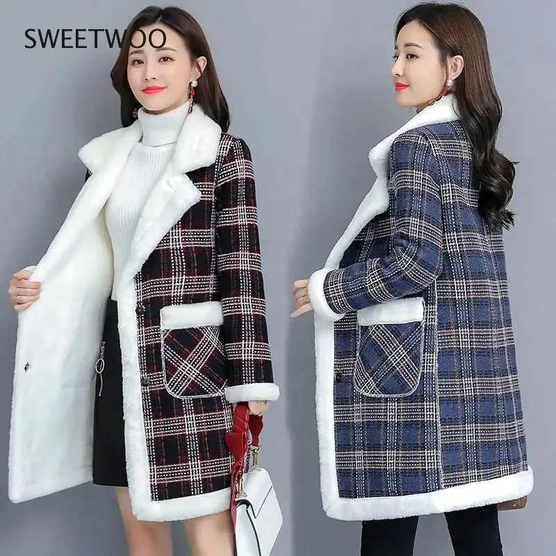 Women's Faux Woolen Coat 2022 New Fashion Plaid Plus Velvet Warm Cotton Mid Long Outerwear Ladies Imitation Lamb Slim Contracted