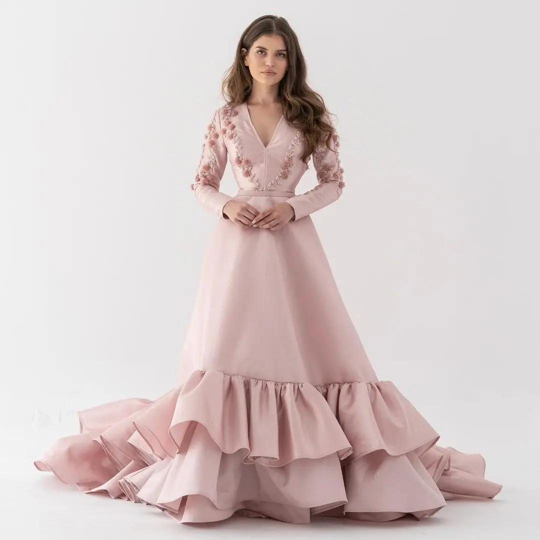 

Sapmae V-neck Flower Embroidery Pink Court Train Zipper Up Taffeta Ruffle Elegant Prom Formal Evenning Party Dress For Women