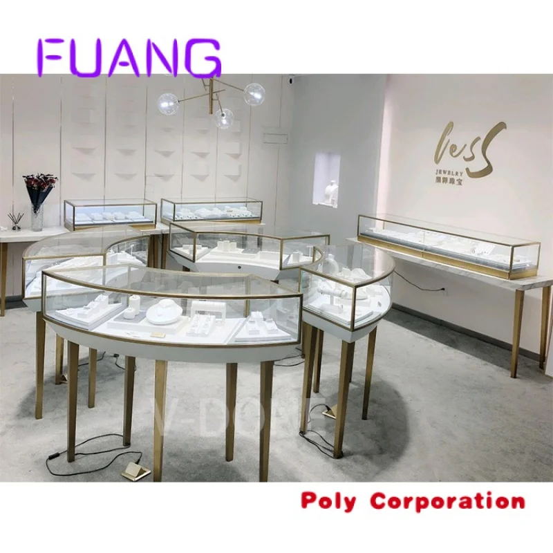 Luxury  Decoration Jewellery Mall Counter Design Interior Store Stainless Steel Cabinet Round Jewelry Display Showcase Furniture
