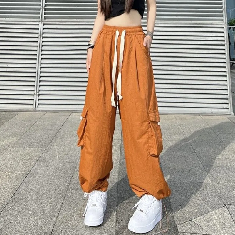 

Женские однотонные брюки-карго большого размера, уличная одежда с эластичным поясом, свободные спортивные брюки с широкими штанинами в стиле Харадзюку, 2023