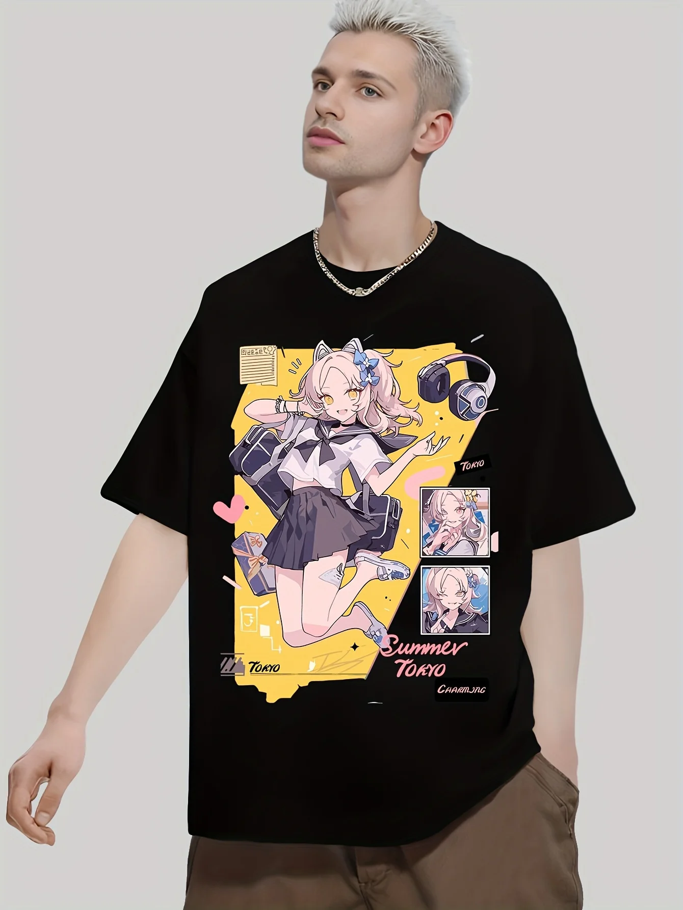 Anime Girl prints with her pet pattern anime clothes t shirt oversized kaws mens shirts