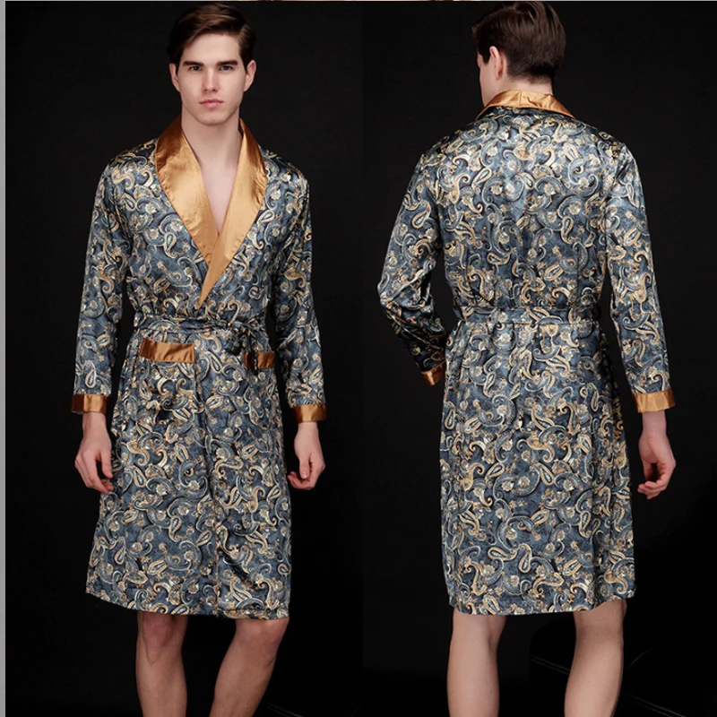 

Ночная рубашка Весна-Осень Новый стиль Удобная Шелковая Мужская пижама из вискозы с принтом Роскошная Домашняя одежда с длинным рукавом и V-...